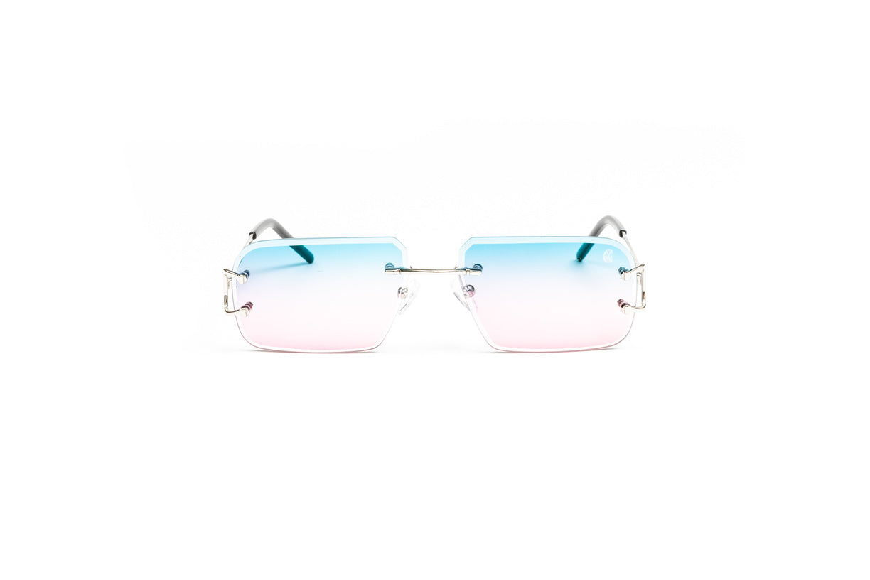 blue cartier glasses, pink cartier glasses, gold wire frame, cartier big c, c decor cartier glasses, VWC silver Classic C sunglasses with double gradient blue to pink lenses