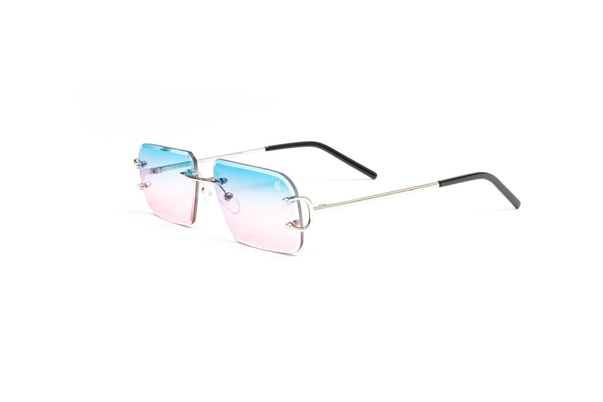 blue cartier glasses, pink cartier glasses, gold wire frame, cartier big c, c decor cartier glasses, VWC silver Classic C sunglasses with double gradient blue to pink lenses