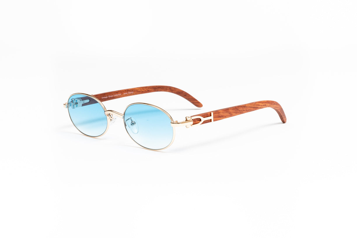VWC Eyewear Gold Wood Sunglasses 18KT Gold Plated Frame Gradient Blue Lenses
