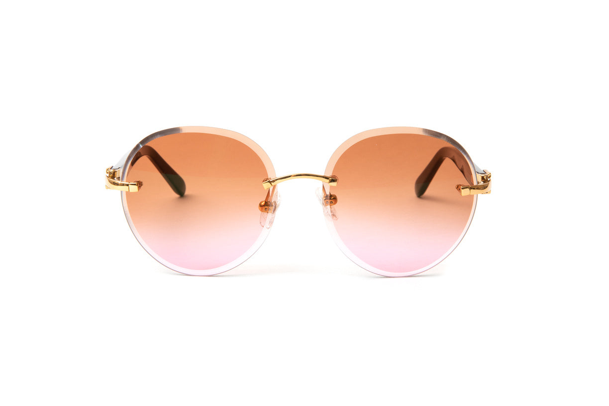 Vintage Wood Collection Santos 24KT gold acetate round sunglasses with pink and blue marbled temples, Cartier comparable eywear
