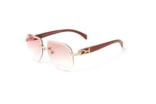 24kt gold plated Cartier style wood glasses with Swarovski crystal stones and gradient brown rimless aviator lenses by Vintage Wood Collection