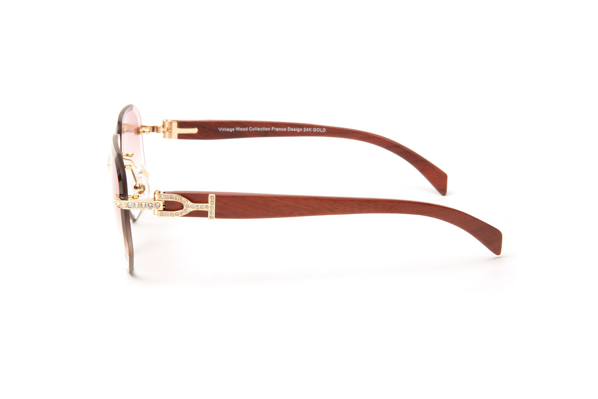 24kt gold plated Cartier style wood glasses with Swarovski crystal stones and gradient brown rimless aviator lenses by Vintage Wood Collection