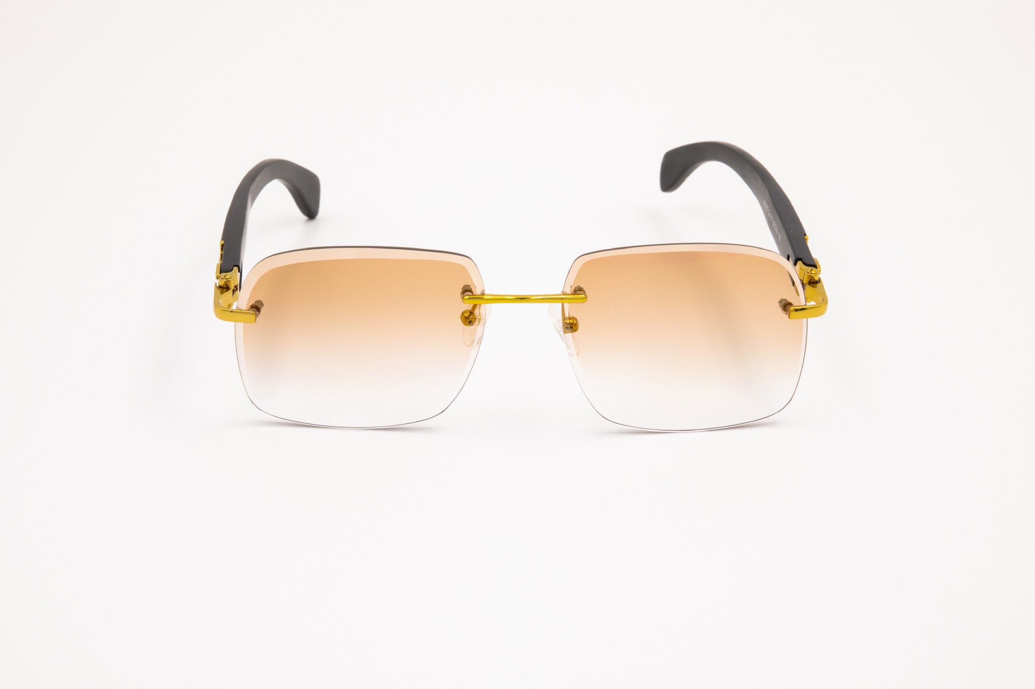 Gold and Black Wood Sunglasses, Gradient Brown Anti Reflective Bevel Lenses, Rimless Frame