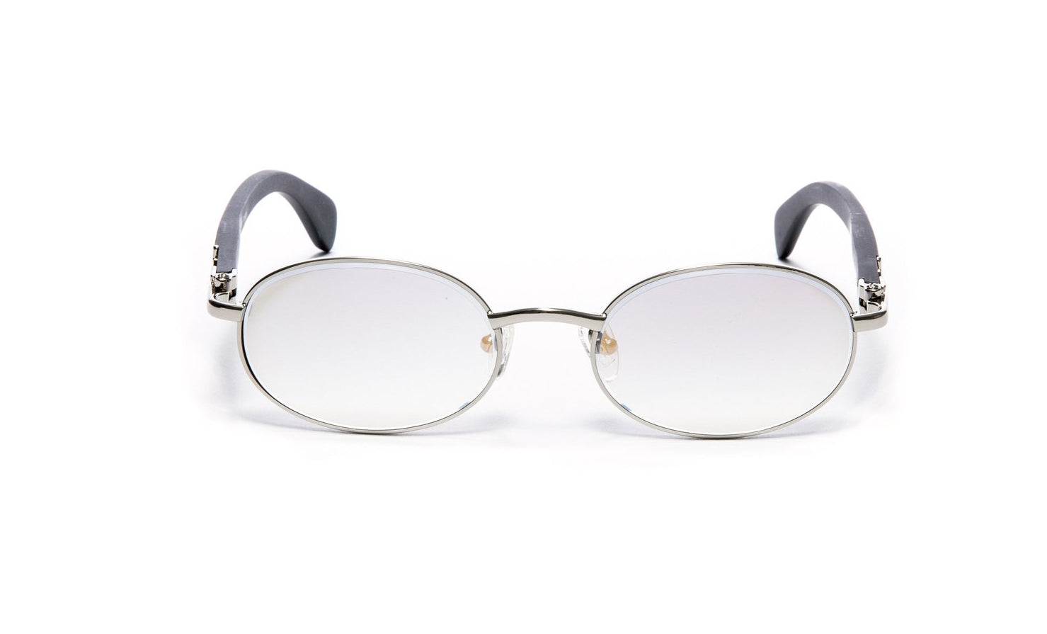 VWC Oval Black Wood Sunglasses, Silver Frames, Gradient Grey + White Gold Flash Lenses