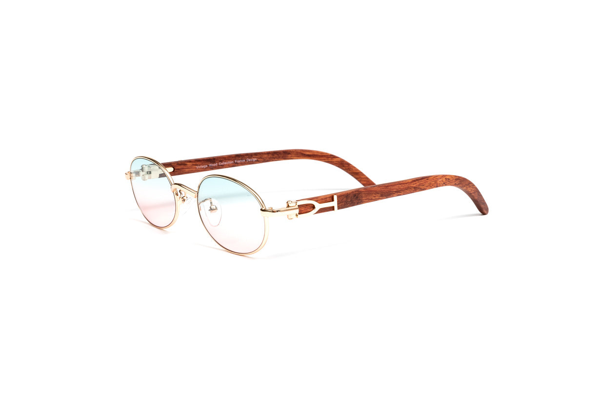VWC Eyewear Gold Wood Oval Sunglasses 18KT Gold Plated Frame Gradient Blue Pink Lenses