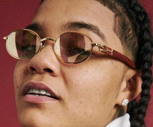 Young MA wears Vintage Wood Collection wood sunglasses