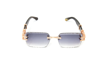 BOULEVARD #3 18KT Gold Rimless Black Buffalo Horn Sunglasses, Diamond Cut Lenses