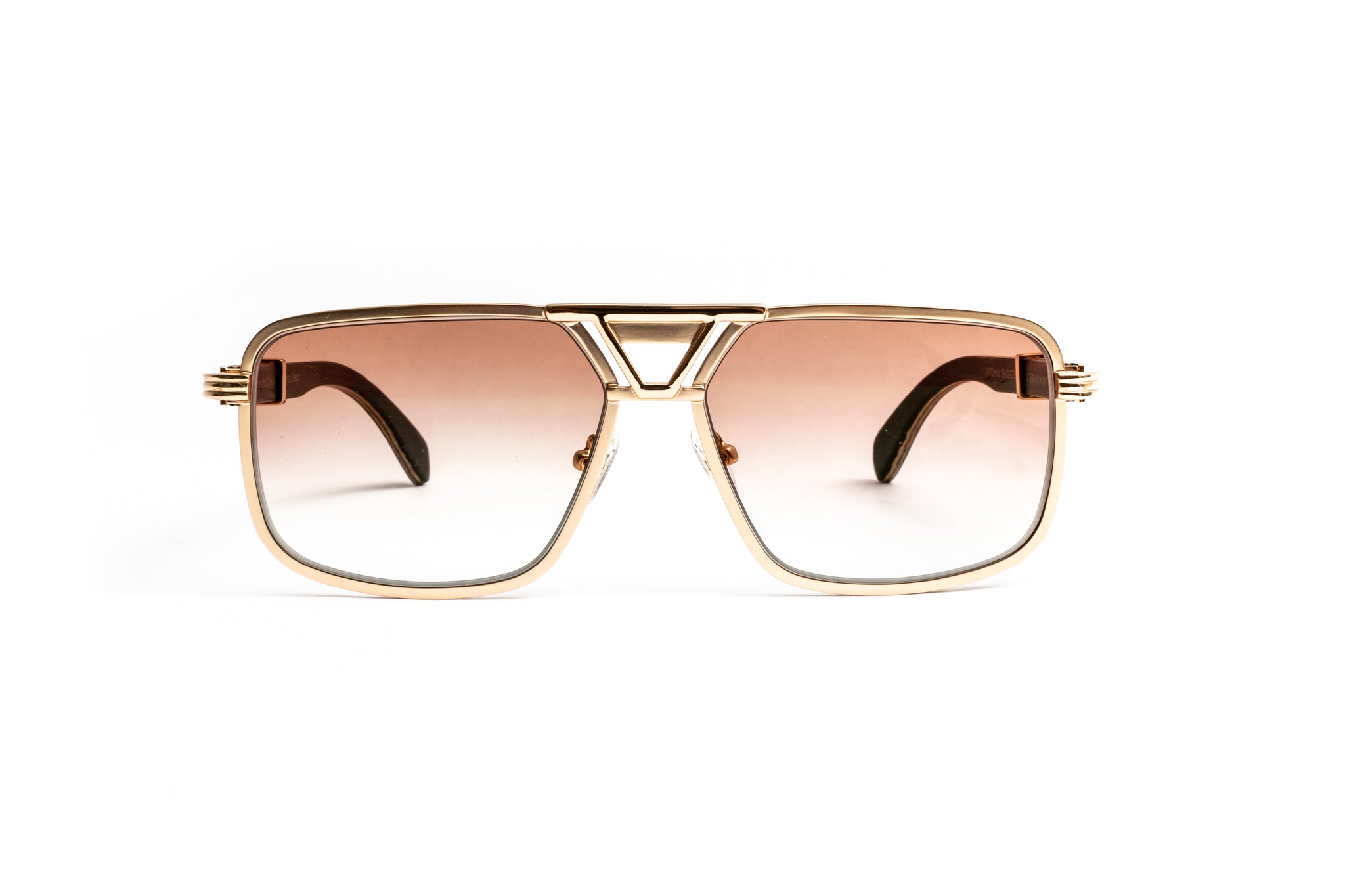 Premiere-de-Cartier style men's sunglasses made from 18kt gold and dark brown wood with gradient brown lenses by Vintage Wood Collection