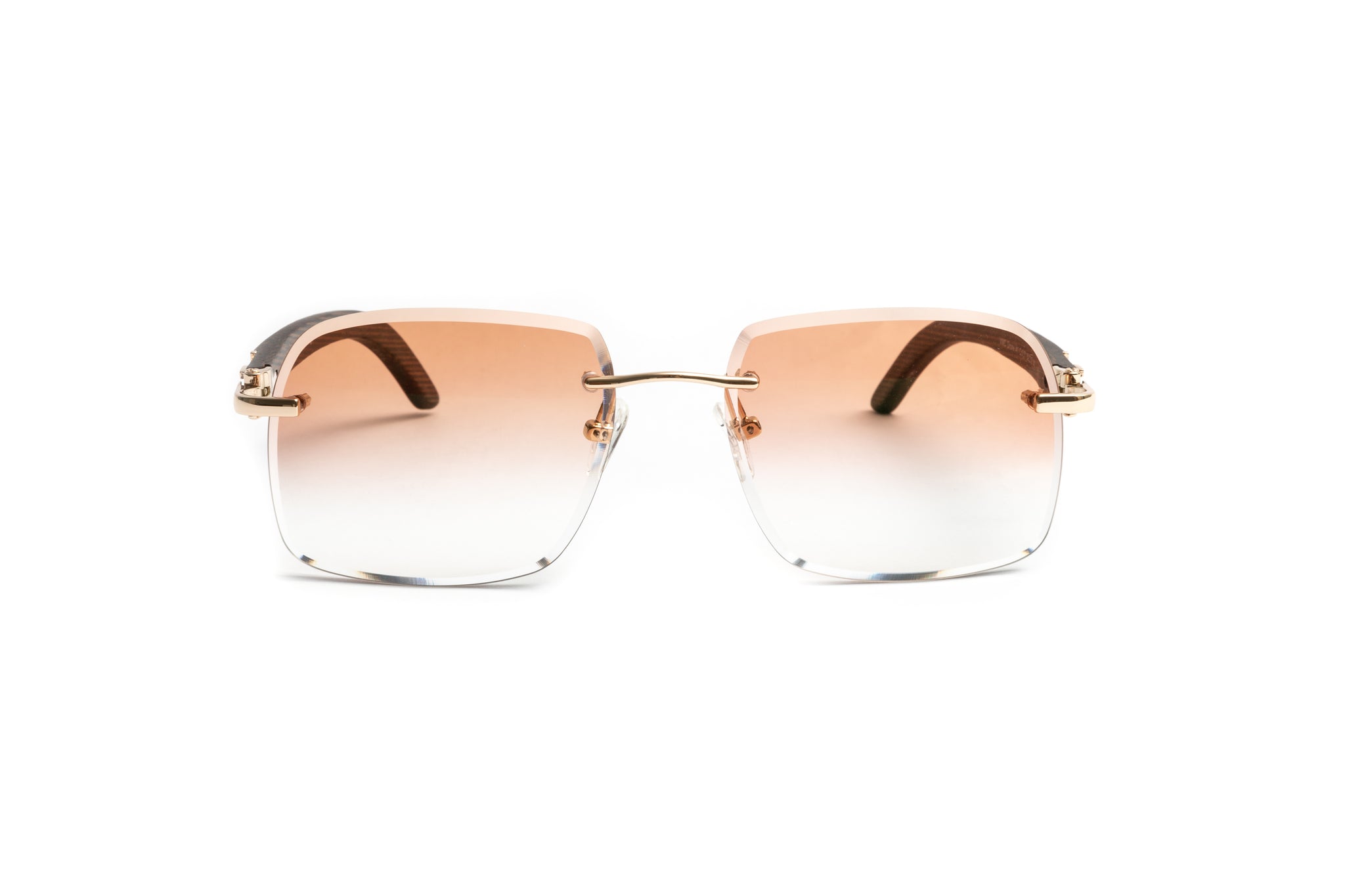 Brown and gold rimless wood sunglasses with gradient brown tinted lenses