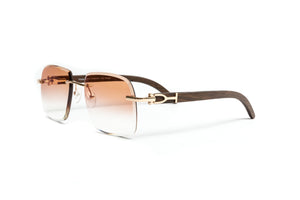 Brown and gold rimless wood sunglasses with gradient brown tinted lenses