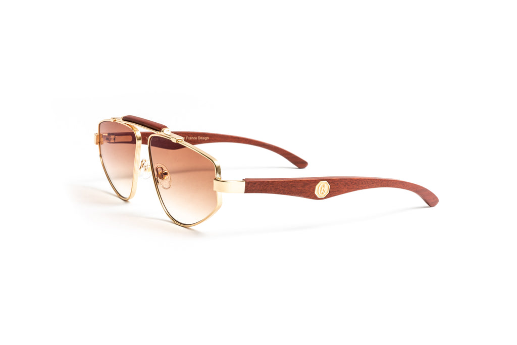 18kt gold cherry wood aviator sunglasses with gradient brown lenses by Vintage Wood Collection