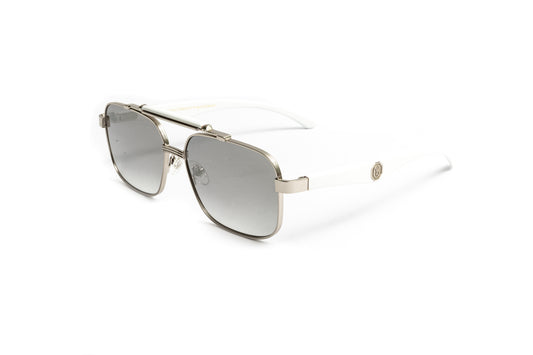 White wood and silver square aviator sunglasses for men with gradient grey and silver mirrored lenses by Vintage Wood Collection