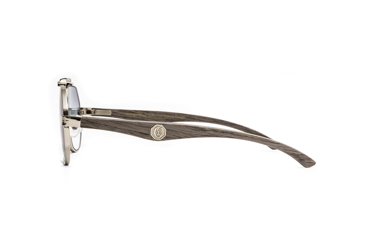 Vintage Wood Collection aviator men's sunglasses with grey wood temples and gradient grey lenses