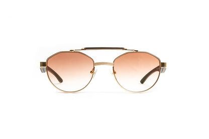 Dark brown wood and 18kt gold round aviator sunglasses with gradient brown lenses by Vintage Wood Collection