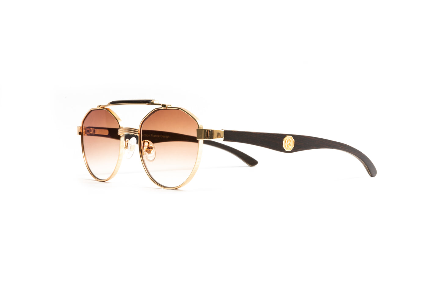 Dark brown wood and 18kt gold round aviator sunglasses with gradient brown lenses by Vintage Wood Collection