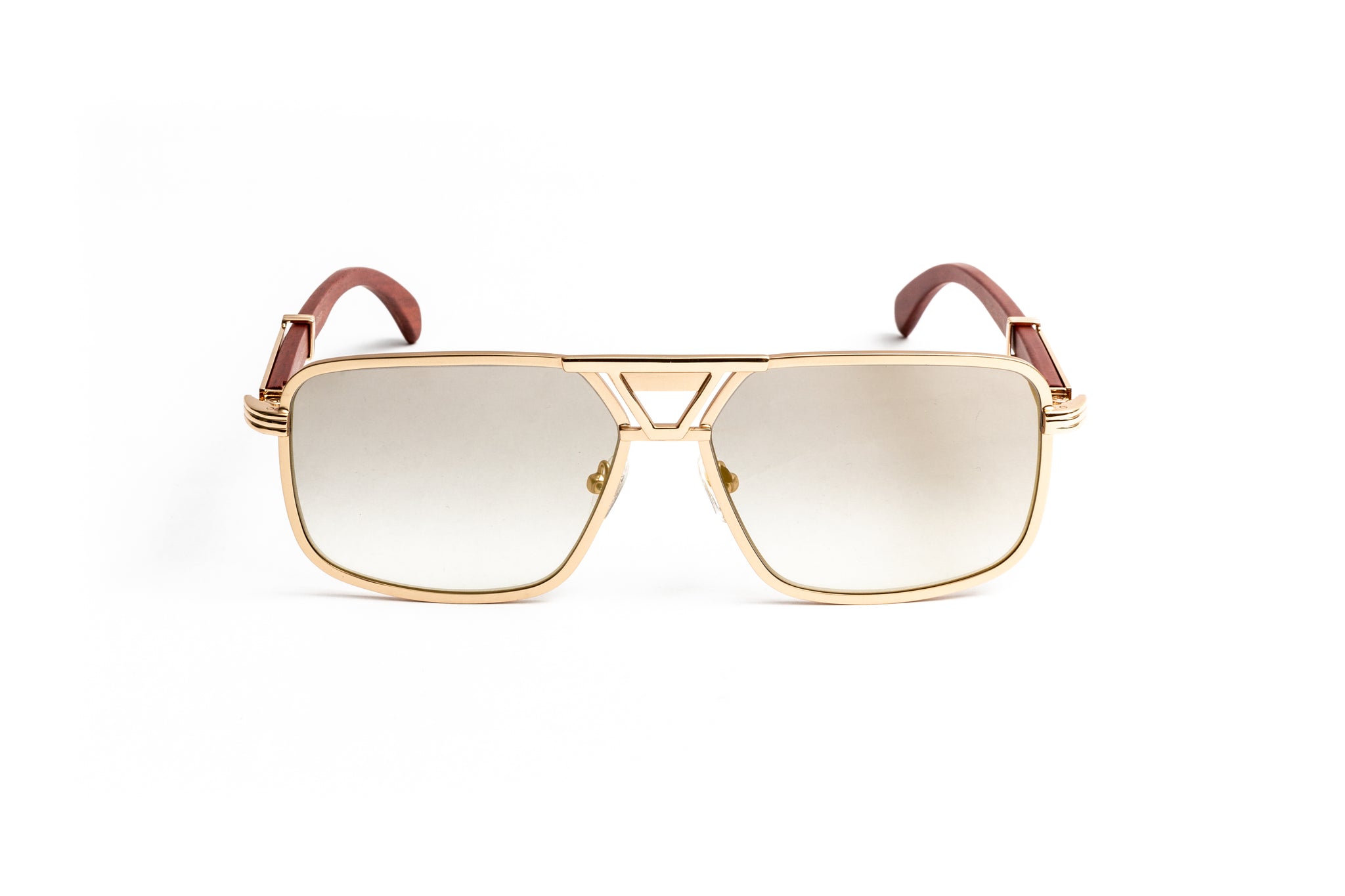 Premiere-de-Cartier style men's aviator 18kt gold and brown cherry wood sunglasses with gradient grey and gold mirror lenses by Vintage Wood Collection