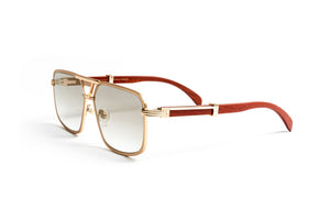 Premiere-de-Cartier style men's aviator 18kt gold and brown cherry wood sunglasses with gradient grey and gold mirror lenses by Vintage Wood Collection