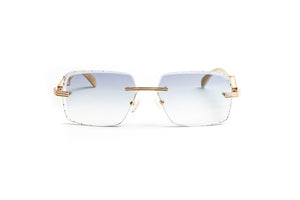 Premiere de Cartier style white buffalo horn 18KT gold rimless sunglasses with gradient grey tinted diamond cut lenses for men by Vintage Wood Collection