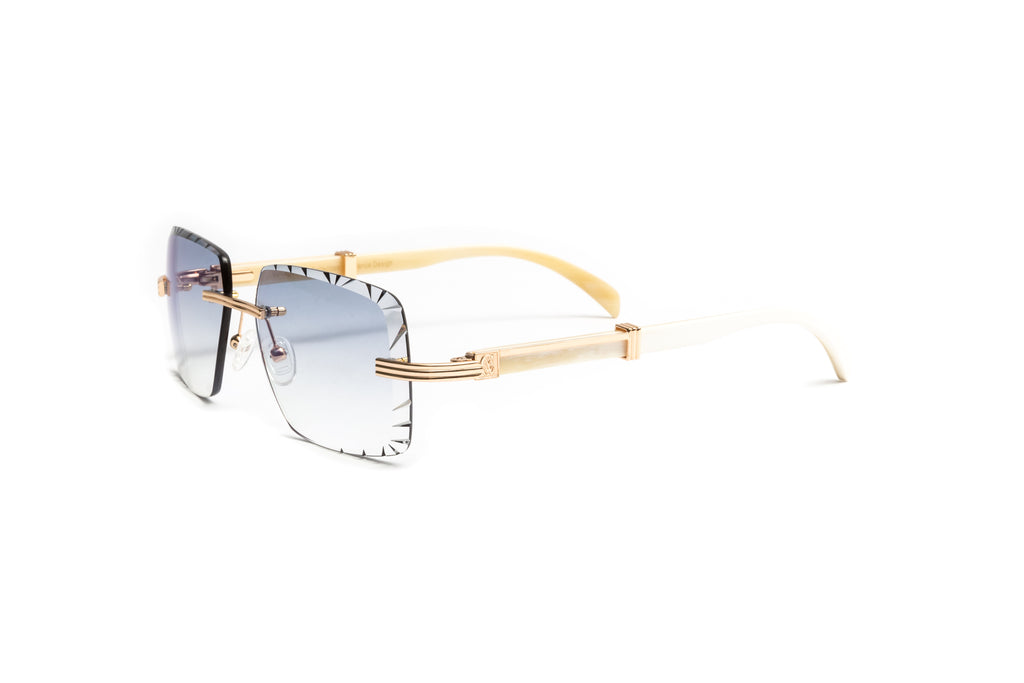 Premiere de Cartier style white buffalo horn 18KT gold rimless sunglasses with gradient grey tinted diamond cut lenses for men by Vintage Wood Collection