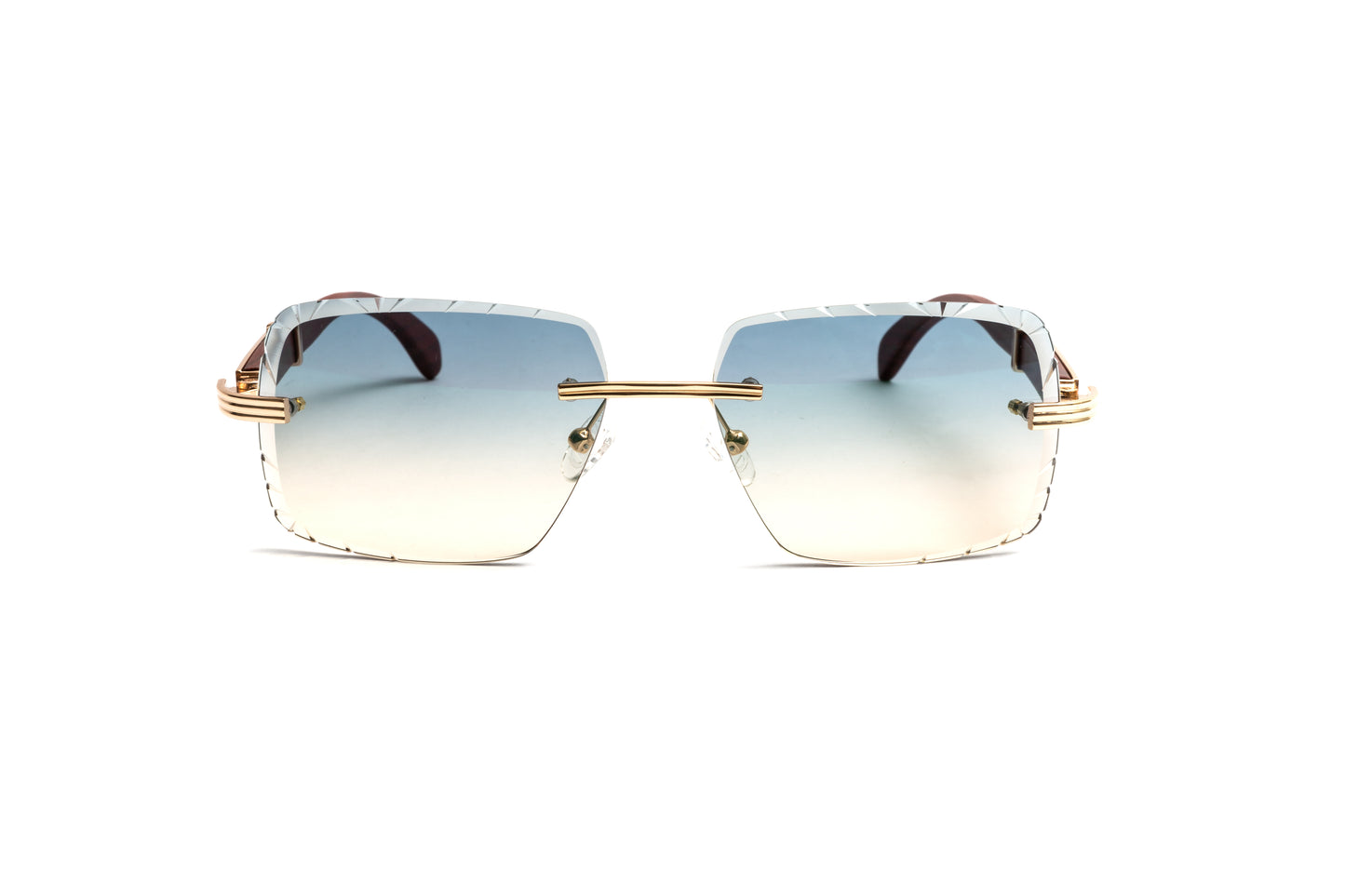 Premiere de Cartier style men's rimless sunglasses with brown cherry wood temples and 18kt plated gold with square diamond cut double gradient grey and yellow lenses by Vintage Wood Collection