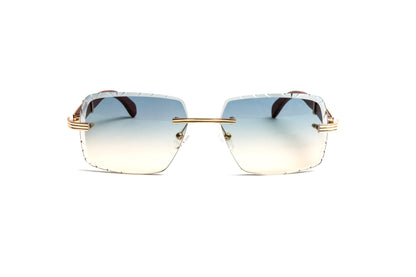 Premiere de Cartier style men's rimless sunglasses with brown cherry wood temples and 18kt plated gold with square diamond cut double gradient grey and yellow lenses by Vintage Wood Collection