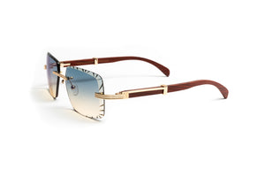 Premiere de Cartier style men's rimless sunglasses with brown cherry wood temples and 18kt plated gold with square diamond cut double gradient grey and yellow lenses by Vintage Wood Collection