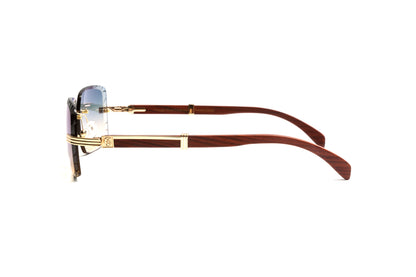 Premiere de Cartier style men's rimless sunglasses with brown cherry wood temples and 18kt plated gold with square diamond cut double gradient grey and yellow lenses by Vintage Wood Collection
