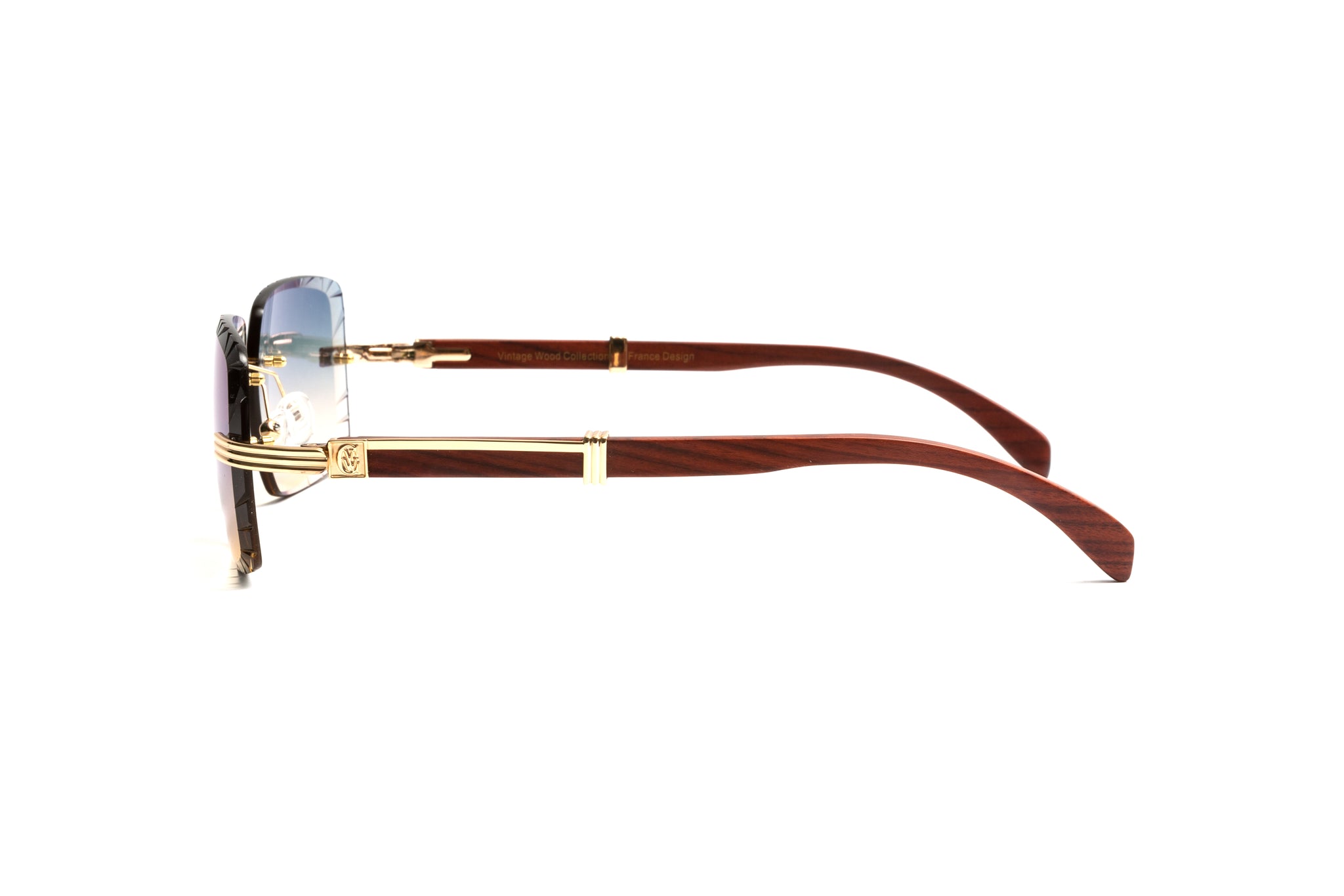 Premiere de Cartier style men's rimless sunglasses with brown cherry wood temples and 18kt plated gold with square diamond cut double gradient grey and yellow lenses by Vintage Wood Collection