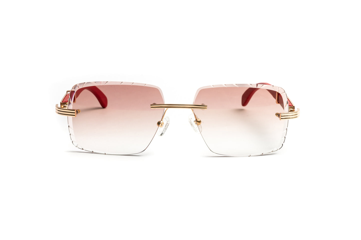 Cartier style rimless sunglasses 18kt gold plated and red wood frame with gradient brown diamond cut beveled lenses by Vintage Wood Collection