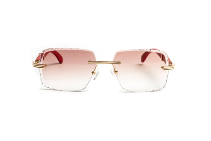 Cartier style rimless sunglasses 18kt gold plated and red wood frame with gradient brown diamond cut beveled lenses by Vintage Wood Collection