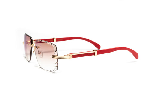 Cartier style rimless sunglasses 18kt gold plated and red wood frame with gradient brown diamond cut beveled lenses by Vintage Wood Collection