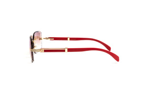 Cartier style rimless sunglasses 18kt gold plated and red wood frame with gradient brown diamond cut beveled lenses by Vintage Wood Collection