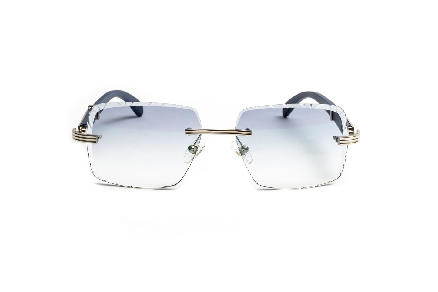 Premiere de Cartier style rimless blue wood sunglasses and silver frame with gradient grey diamond cut lenses for men by Vintage Wood Collection