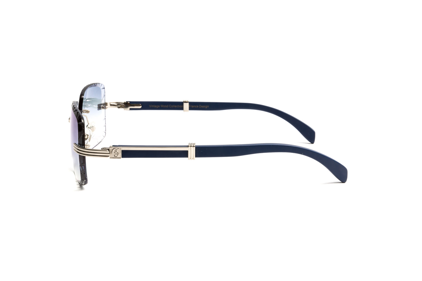 Premiere de Cartier style rimless blue wood sunglasses and silver frame with gradient grey diamond cut lenses for men by Vintage Wood Collection