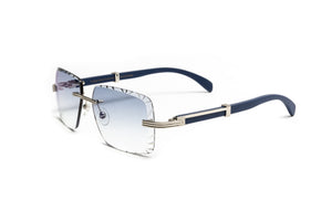Premiere de Cartier style rimless blue wood sunglasses and silver frame with gradient grey diamond cut lenses for men by Vintage Wood Collection
