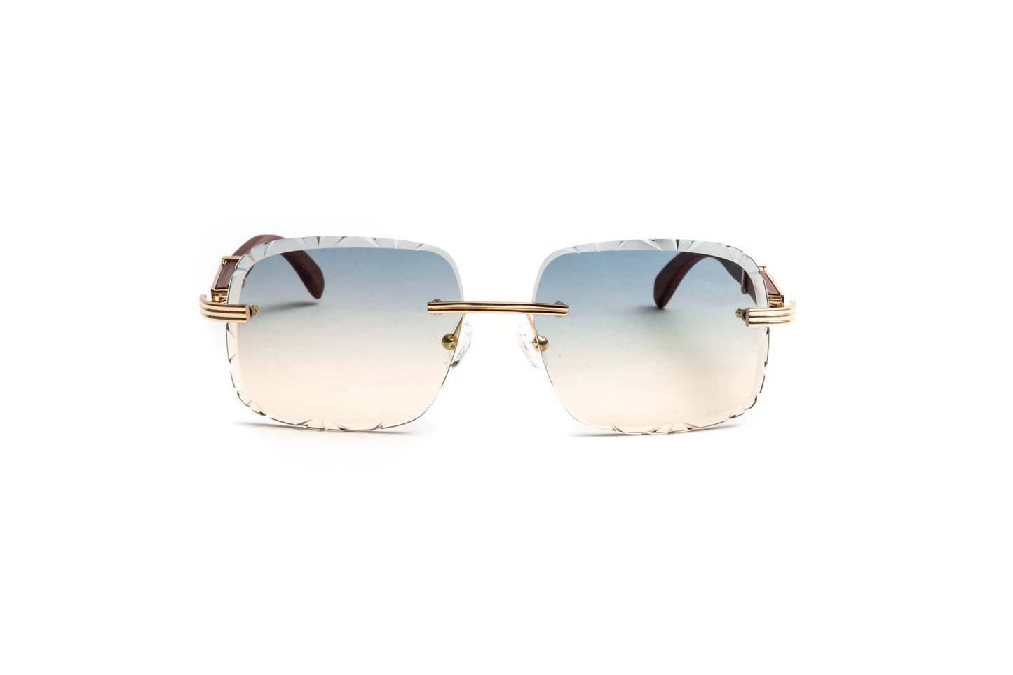 VWC Eyewear Drone model 5 rimless cherry wood 18kt gold plated sunglasses with double gradient grey and yellow diamond cut lenses, Premiere de Cartier style men's luxury sunglasses