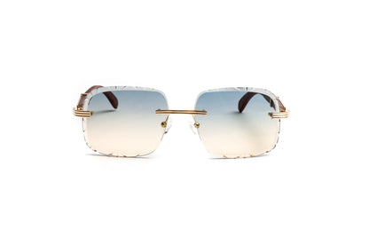 VWC Eyewear Drone model 5 rimless cherry wood 18kt gold plated sunglasses with double gradient grey and yellow diamond cut lenses, Premiere de Cartier style men's luxury sunglasses