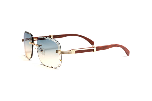 VWC Eyewear Drone model 5 rimless cherry wood 18kt gold plated sunglasses with double gradient grey and yellow diamond cut lenses, Premiere de Cartier style men's luxury sunglasses
