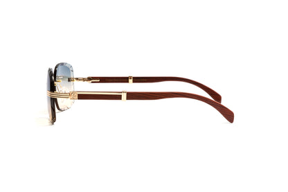 VWC Eyewear Drone model 5 rimless cherry wood 18kt gold plated sunglasses with double gradient grey and yellow diamond cut lenses, Premiere de Cartier style men's luxury sunglasses