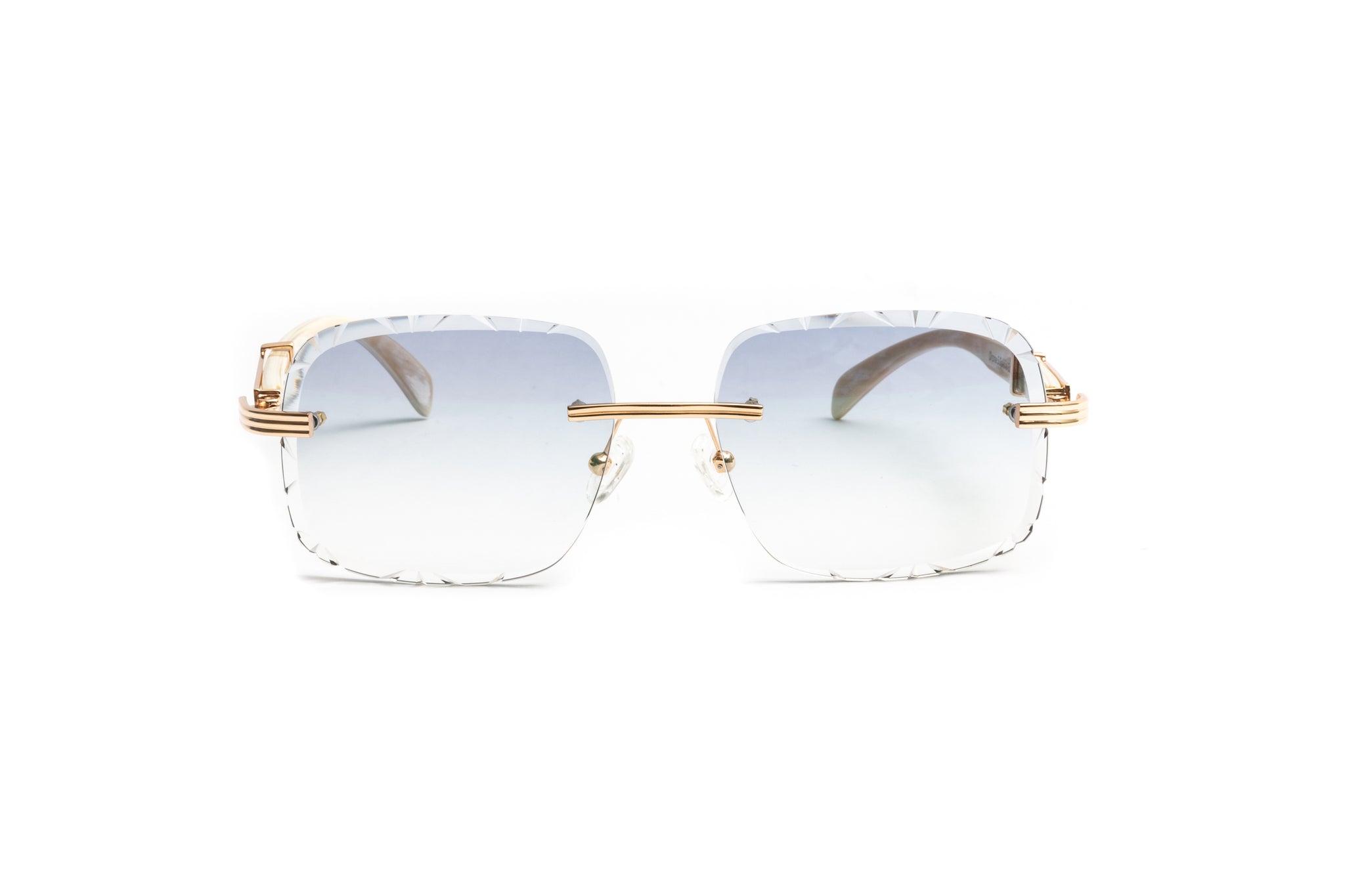 18kt gold plated and white buffalo horn Cartier style men's sunglasses with gradient grey diamond cut square lenses by Vintage Wood Collection