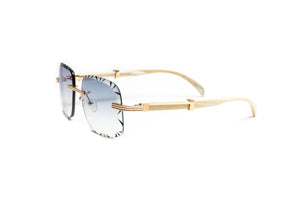 18kt gold plated and white buffalo horn Cartier style men's sunglasses with gradient grey diamond cut square lenses by Vintage Wood Collection