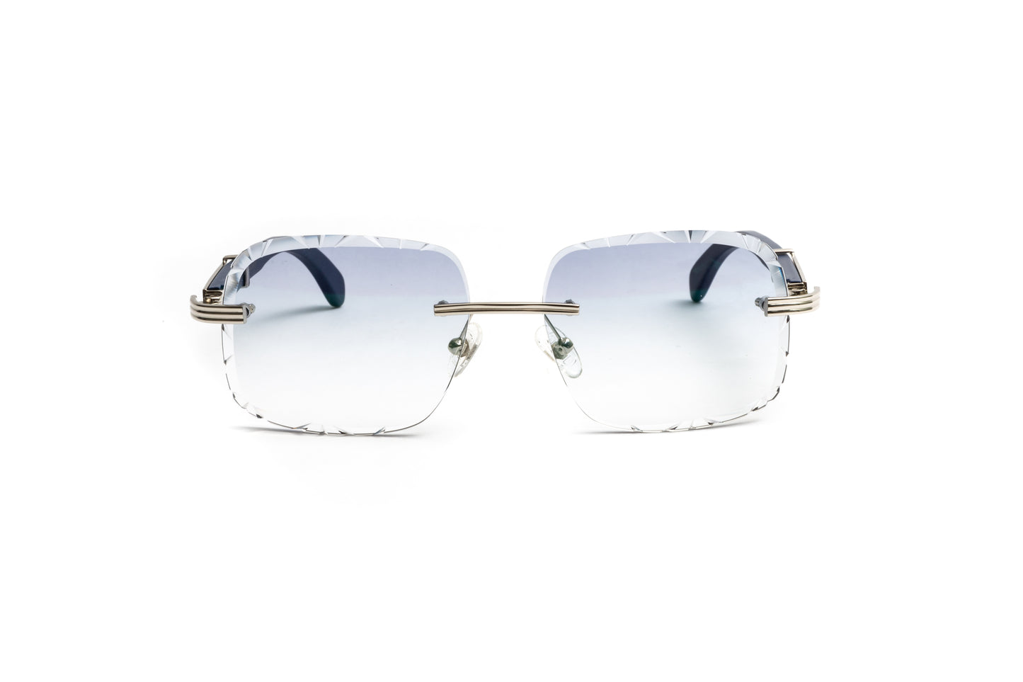 Men's Cartier style rimless navy blue wood sunglasses frames with silver and gradient grey diamond cut lenses by Vintage Wood Collection