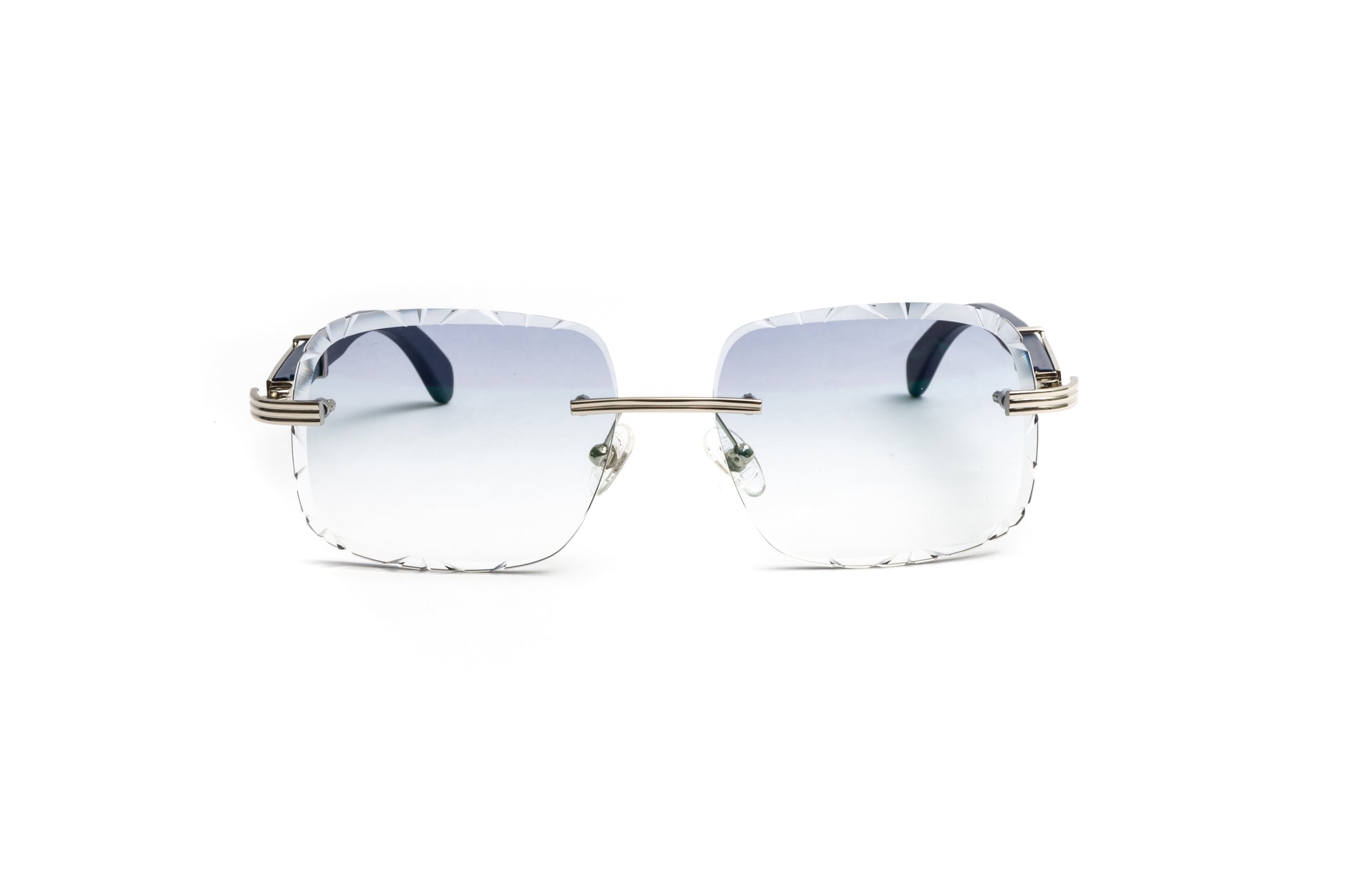 Men's Cartier style rimless navy blue wood sunglasses frames with silver and gradient grey diamond cut lenses by Vintage Wood Collection