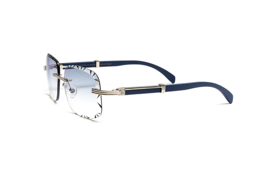 Men's Cartier style rimless navy blue wood sunglasses frames with silver and gradient grey diamond cut lenses by Vintage Wood Collection