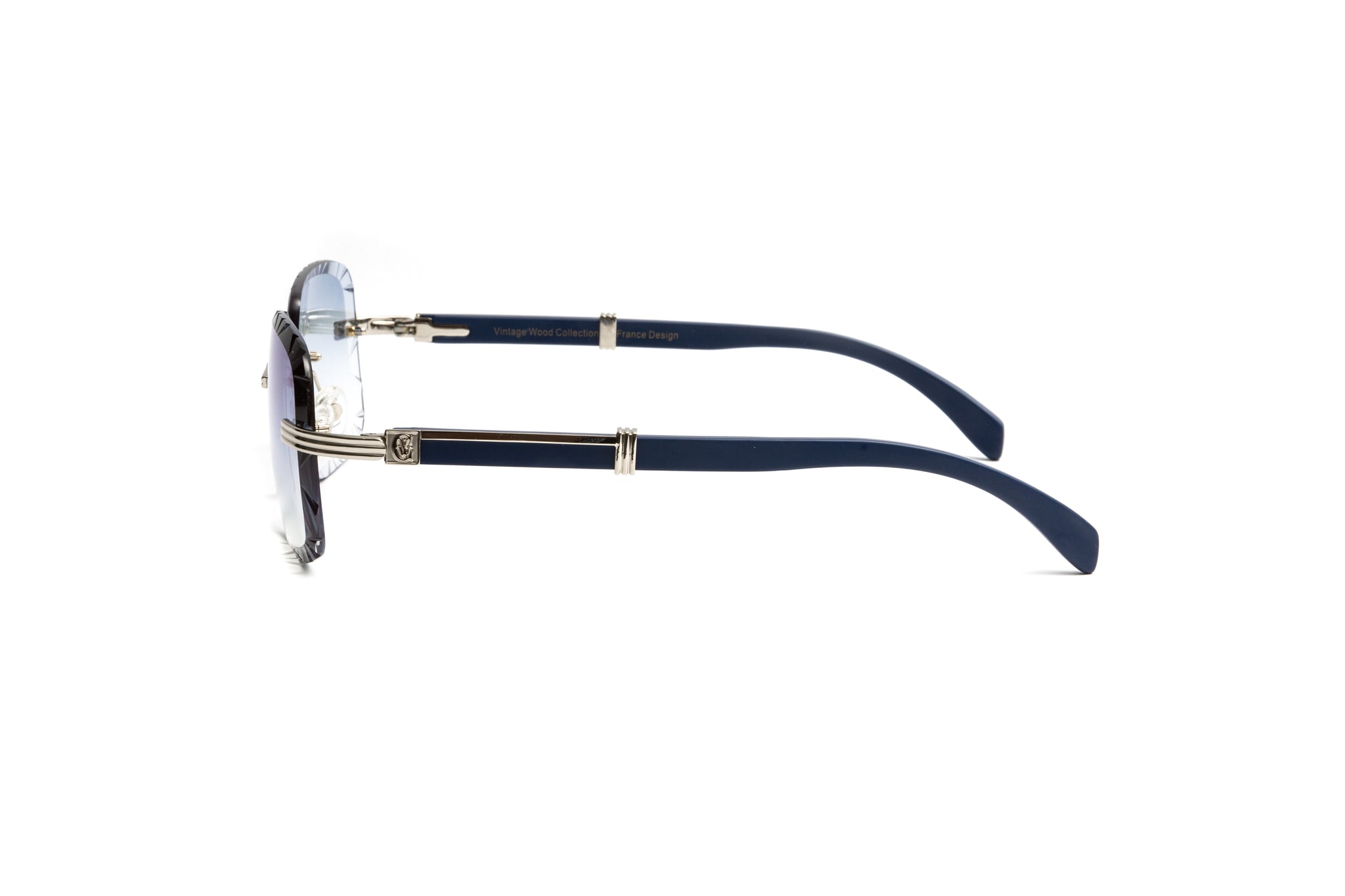 Men's Cartier style rimless navy blue wood sunglasses frames with silver and gradient grey diamond cut lenses by Vintage Wood Collection