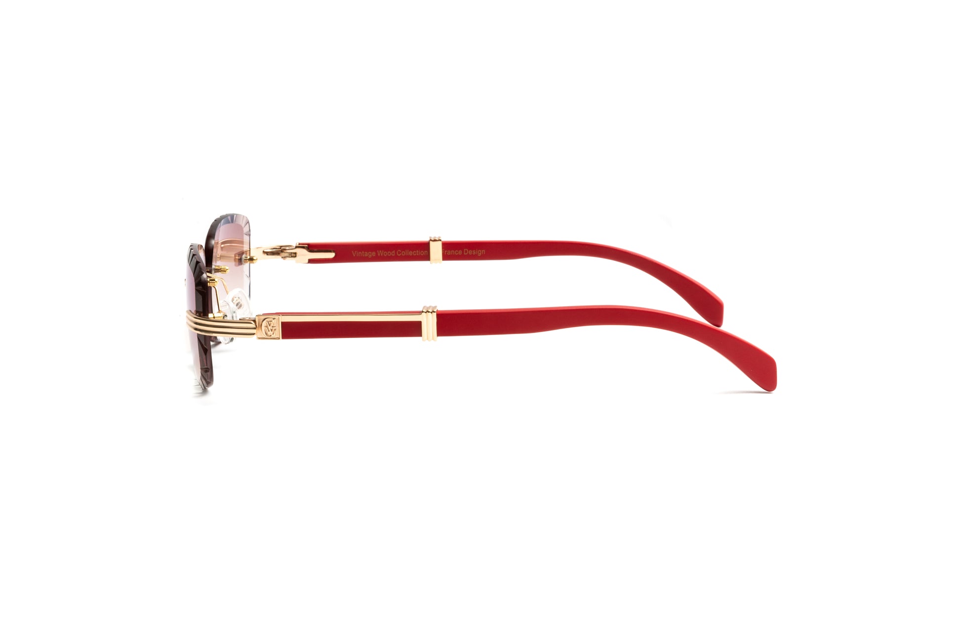 Premiere de Cartier style 18kt gold red wood sunglasses for men with gradient brown tinted diamond edge cut lenses by Vintage Wood Collection