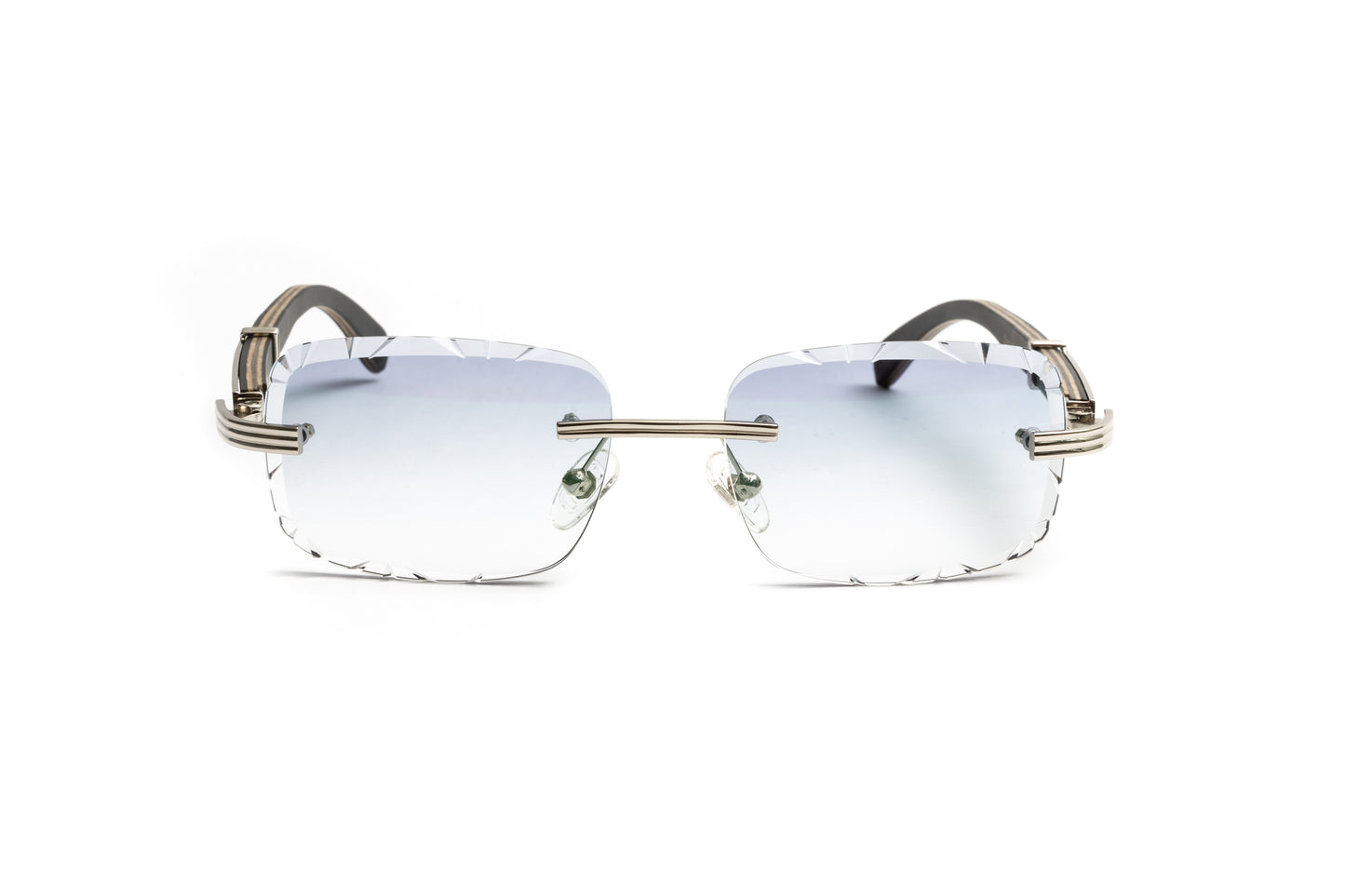 Cartier style rimless black wood men's sunglasses with gradient grey rectangular diamond cut lenses by Vintage Wood Collection