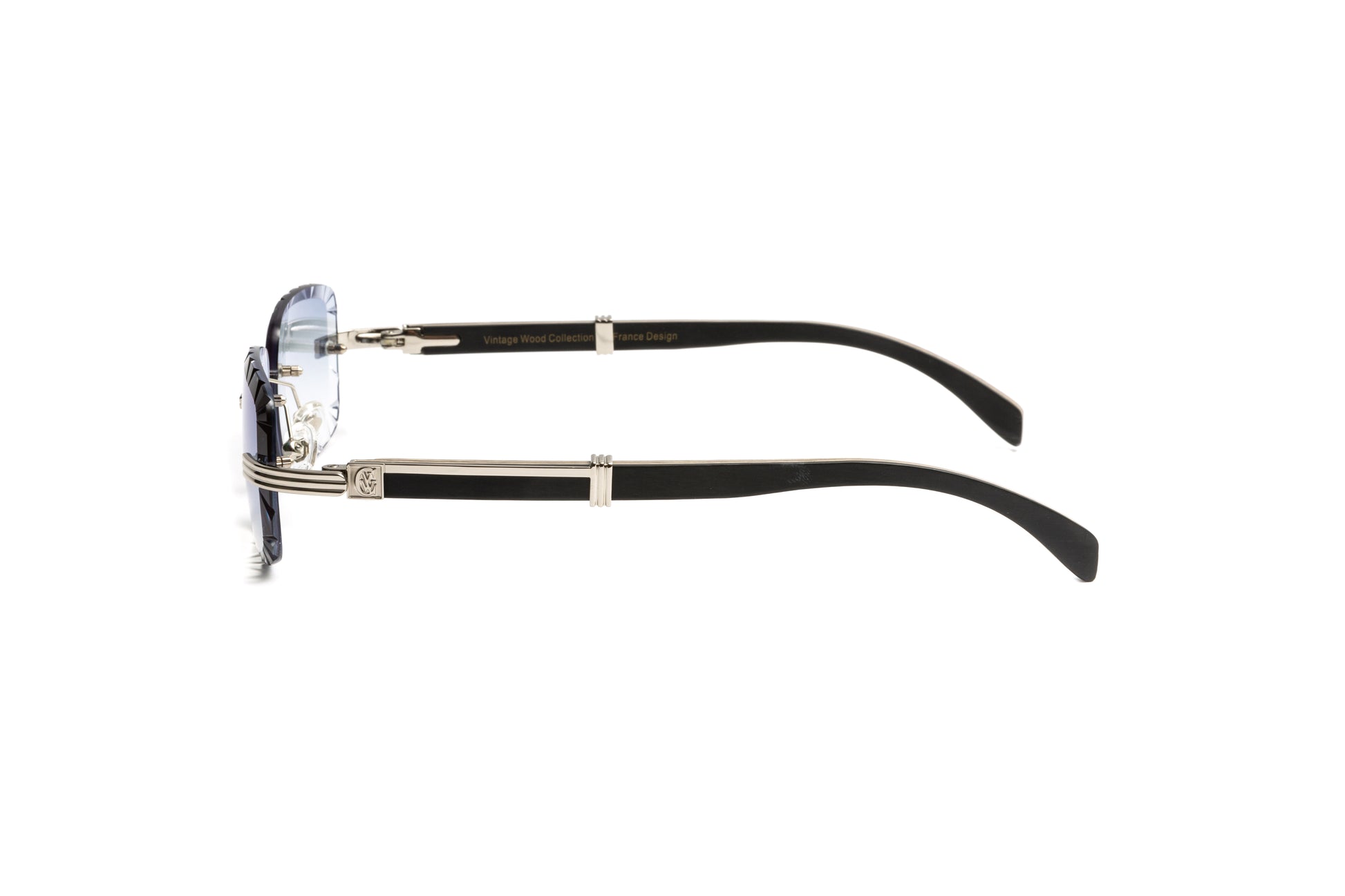 Cartier style rimless black wood men's sunglasses with gradient grey rectangular diamond cut lenses by Vintage Wood Collection