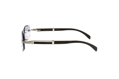 Cartier style rimless black wood men's sunglasses with gradient grey rectangular diamond cut lenses by Vintage Wood Collection