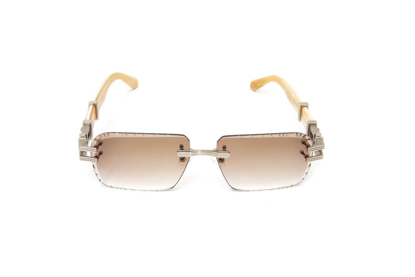 BOULEVARD #2 Silver Rimless White Buffalo Horn Sunglasses, Diamond Cut Lenses